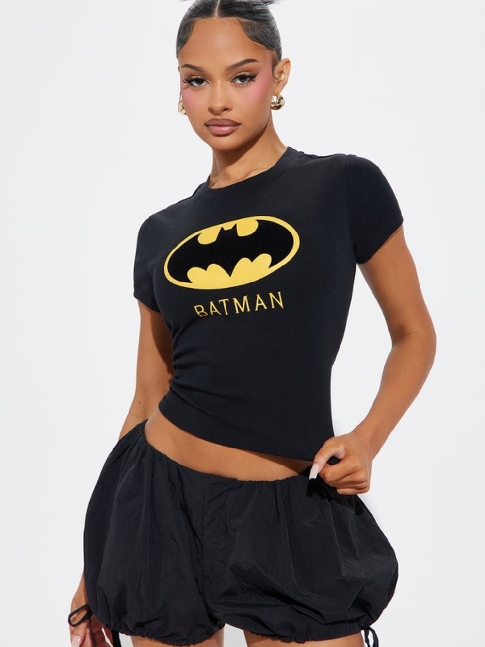 NEW! Batman Logo Black Crop Tee - Yellow Emblem